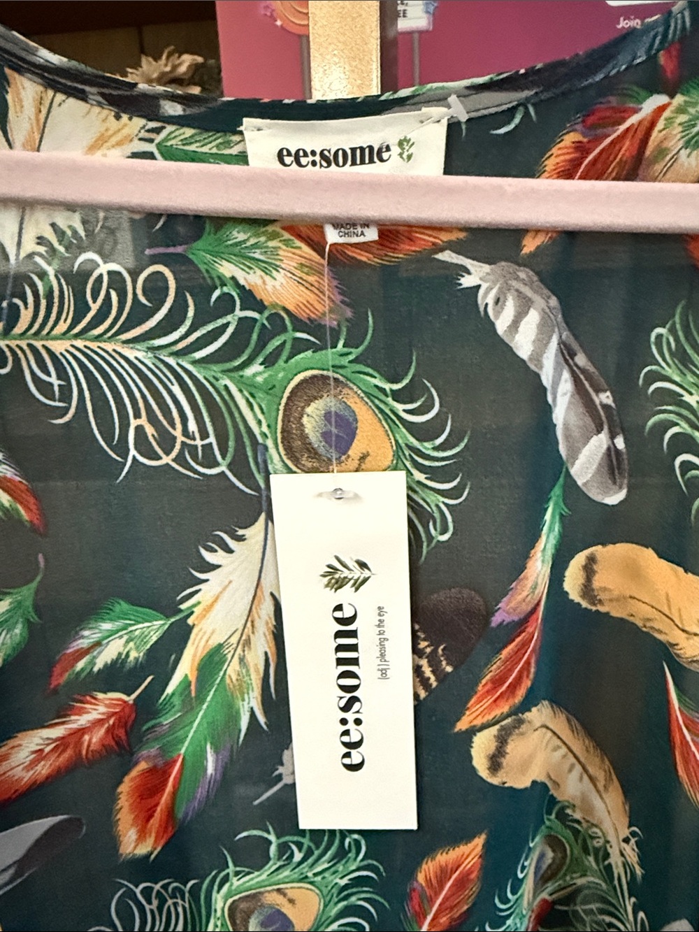 eesome Green Feather Print Open Front Kimono - Picture 2 of 3